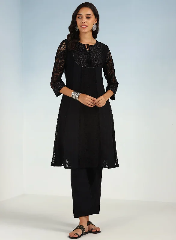 Black A Line Kalidaar Raschel Dress with Tassels