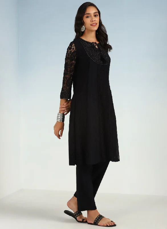 Black A Line Kalidaar Raschel Dress with Tassels