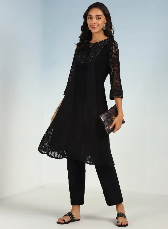 Black A Line Kalidaar Raschel Dress with Tassels