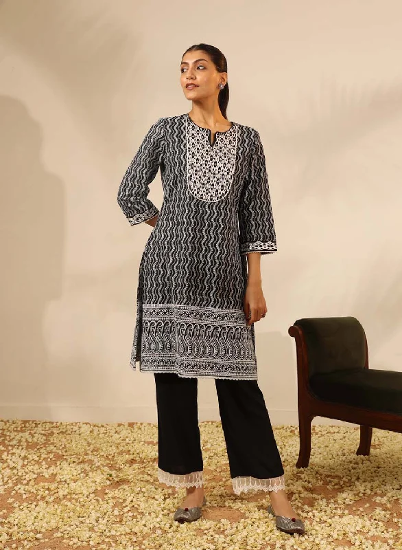 Black Long Chanderi Kurta Set with Mirrorwork