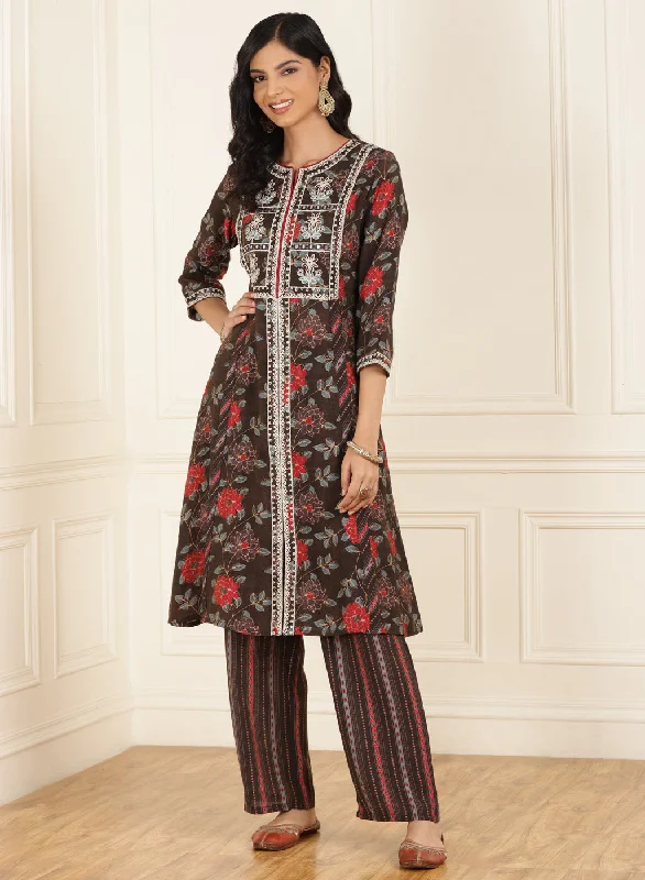 Brown Floral Printed Kurta Set