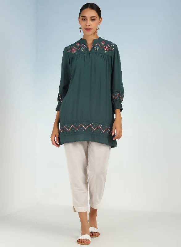 Green A line Rayon Tunic with Embroidery and Smocking effect Puffed Sleeve