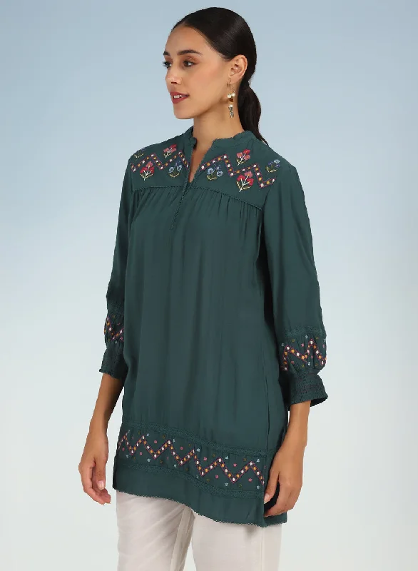 Green A line Rayon Tunic with Embroidery and Smocking effect Puffed Sleeve