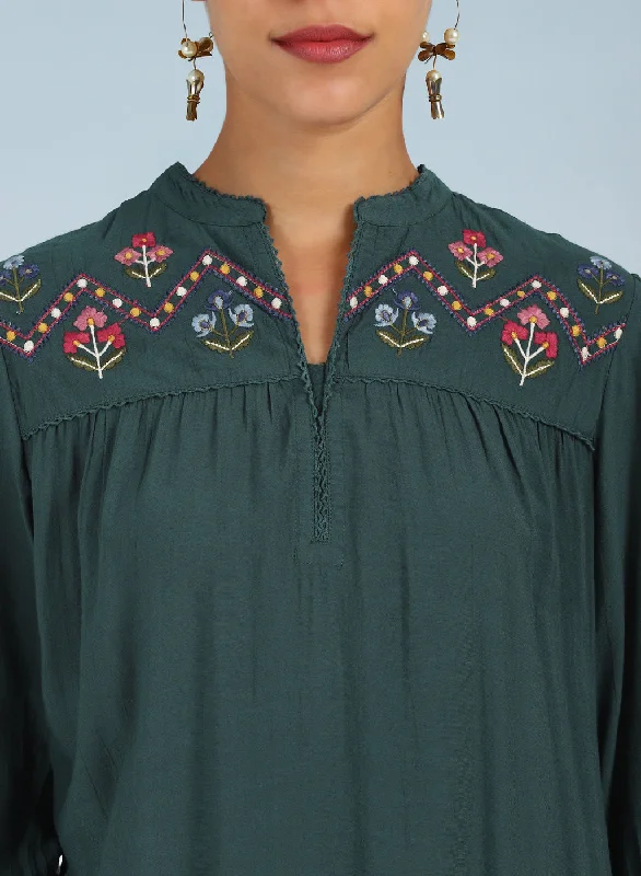 Green A line Rayon Tunic with Embroidery and Smocking effect Puffed Sleeve