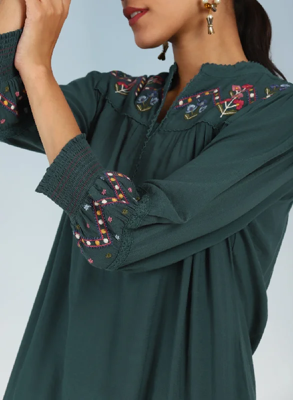 Green A line Rayon Tunic with Embroidery and Smocking effect Puffed Sleeve