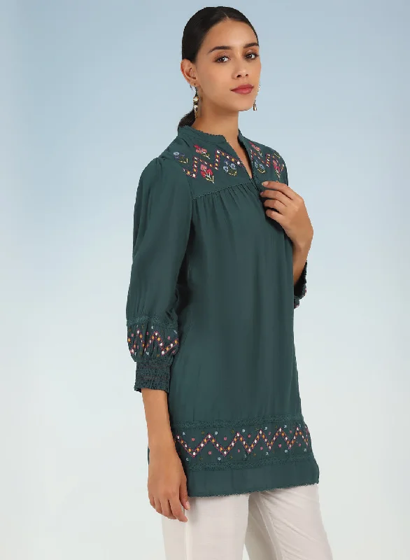 Green A line Rayon Tunic with Embroidery and Smocking effect Puffed Sleeve