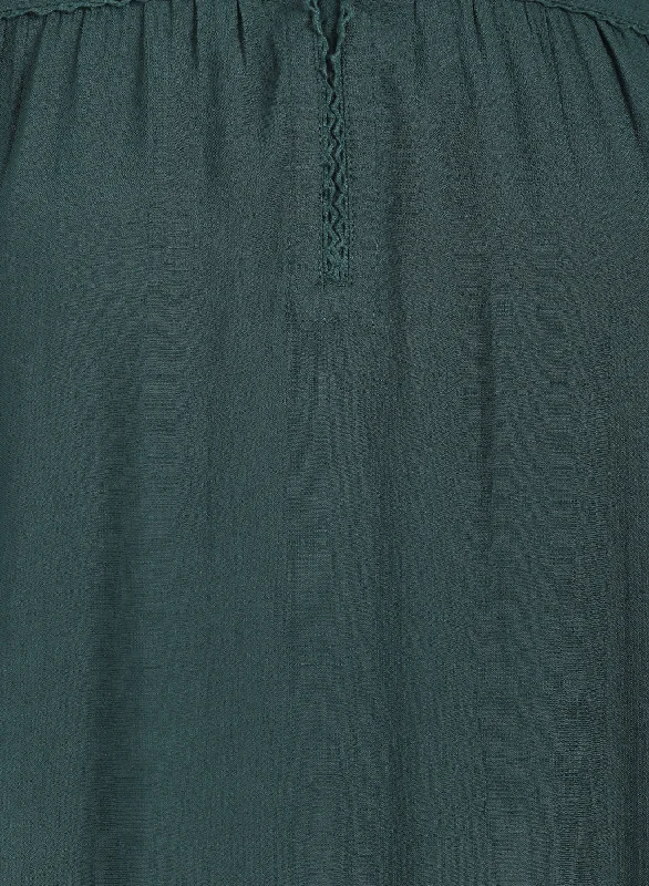 Green A line Rayon Tunic with Embroidery and Smocking effect Puffed Sleeve