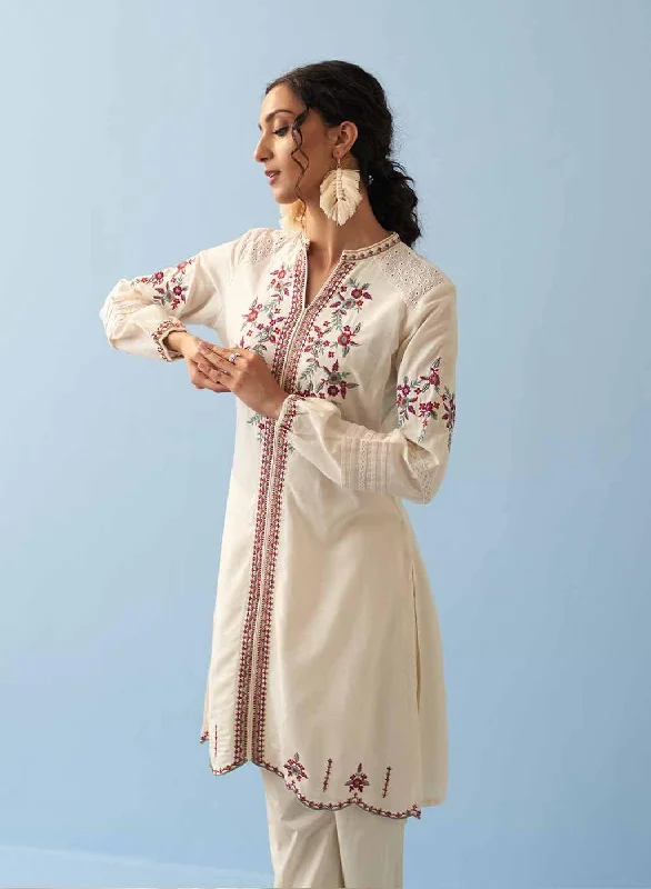 Ivory Embroidered Kurta for Women with Puffed Sleeves