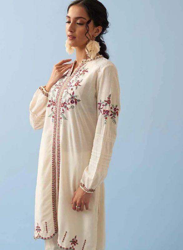 Ivory Embroidered Kurta for Women with Puffed Sleeves