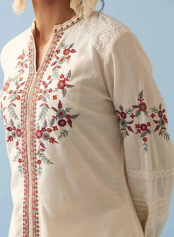 Ivory Embroidered Kurta for Women with Puffed Sleeves