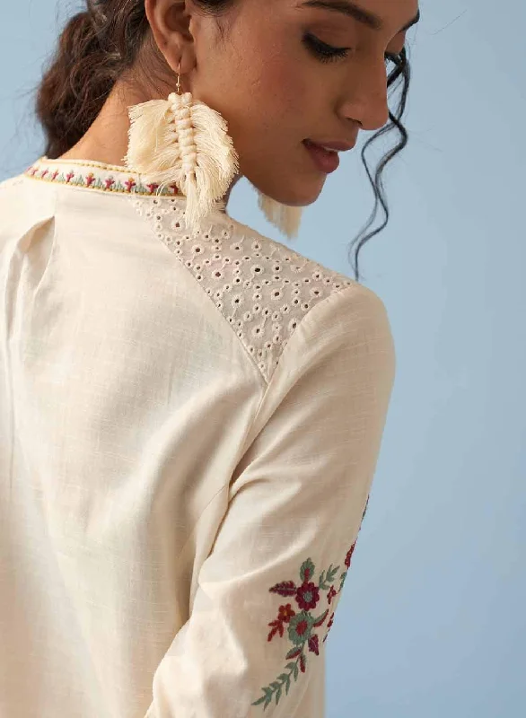 Ivory Embroidered Kurta for Women with Puffed Sleeves