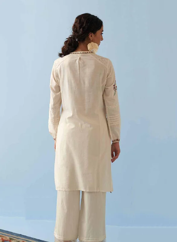 Ivory Embroidered Kurta for Women with Puffed Sleeves