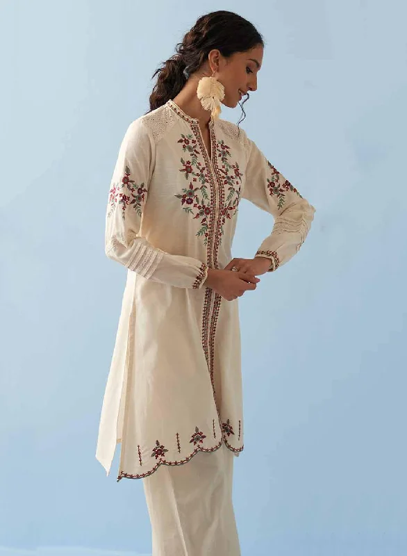 Ivory Embroidered Kurta for Women with Puffed Sleeves