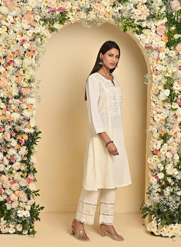 Ivory Mirror and Embroidery Long Kurta