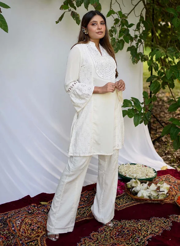 Ivory Short Tunic with Mirror Work and Bell Sleeves