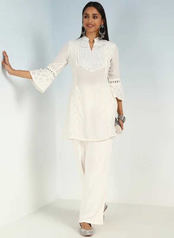 Ivory Short Tunic with Mirror Work and Bell Sleeves