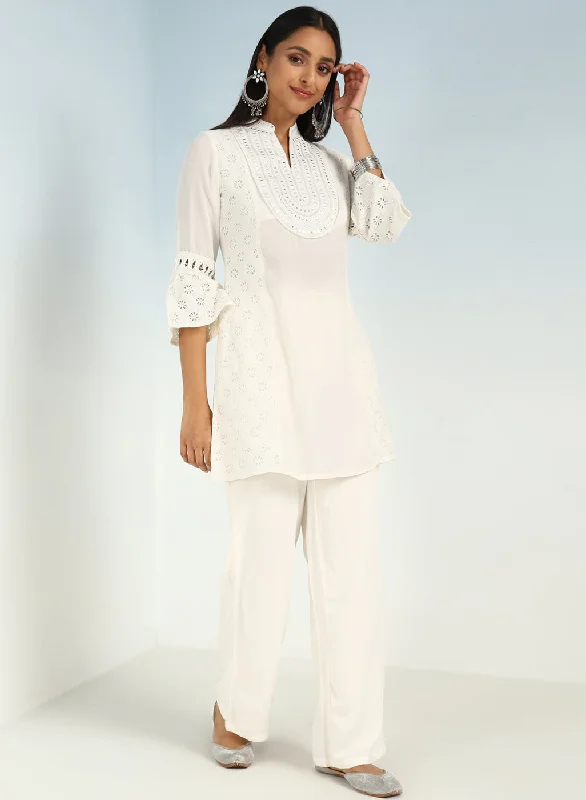 Ivory Short Tunic with Mirror Work and Bell Sleeves