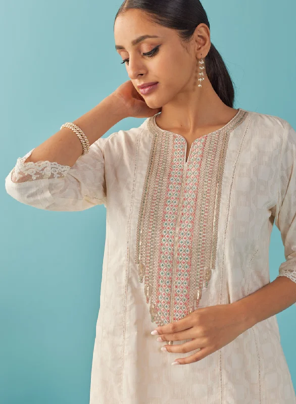 Ivory Textured Kurta set with Multicolor Embroidery