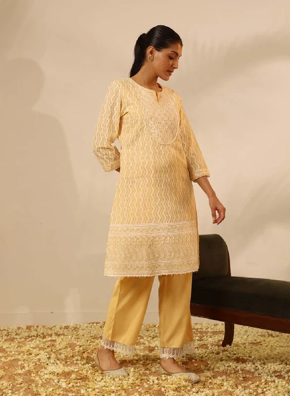 Lemon Long Chanderi Kurta Set with Mirrorwork