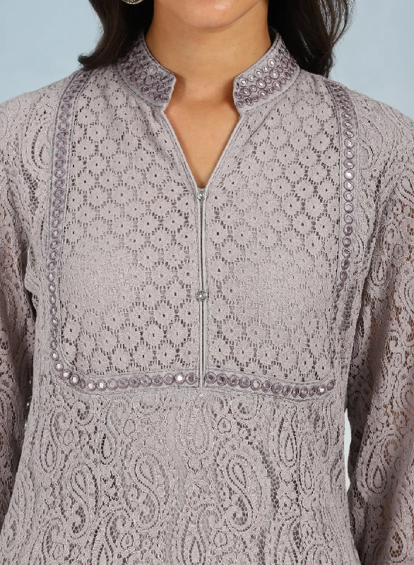 Mirror Work Grey Kurta with Floral Motifs