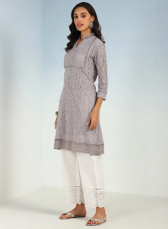 Mirror Work Grey Kurta with Floral Motifs