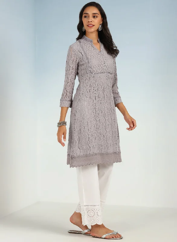 Mirror Work Grey Kurta with Floral Motifs