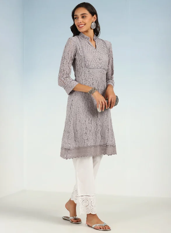 Mirror Work Grey Kurta with Floral Motifs