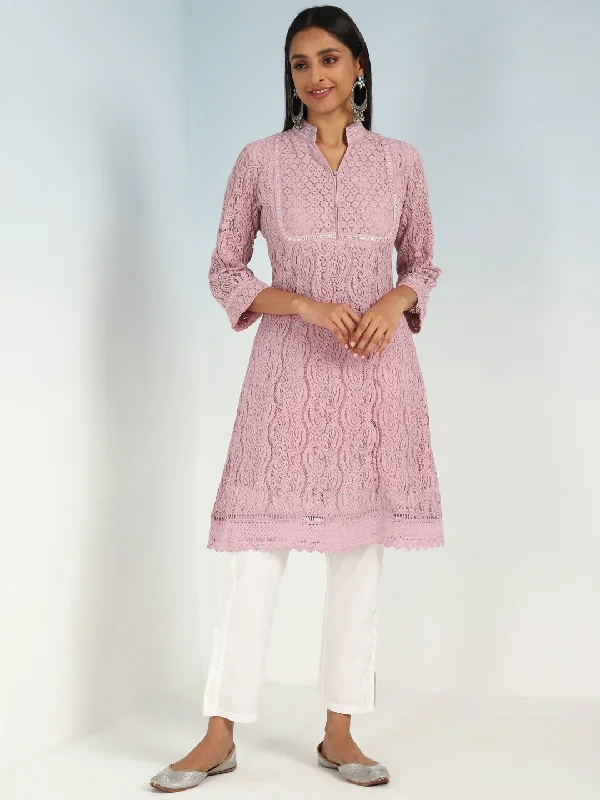 Mirror Work Pink Kurta with Floral Motifs