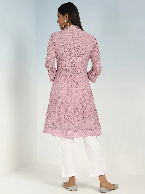 Mirror Work Pink Kurta with Floral Motifs