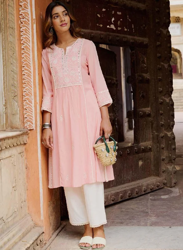 Pink A Line Embroidered Kurta with 3/4th Sleeves