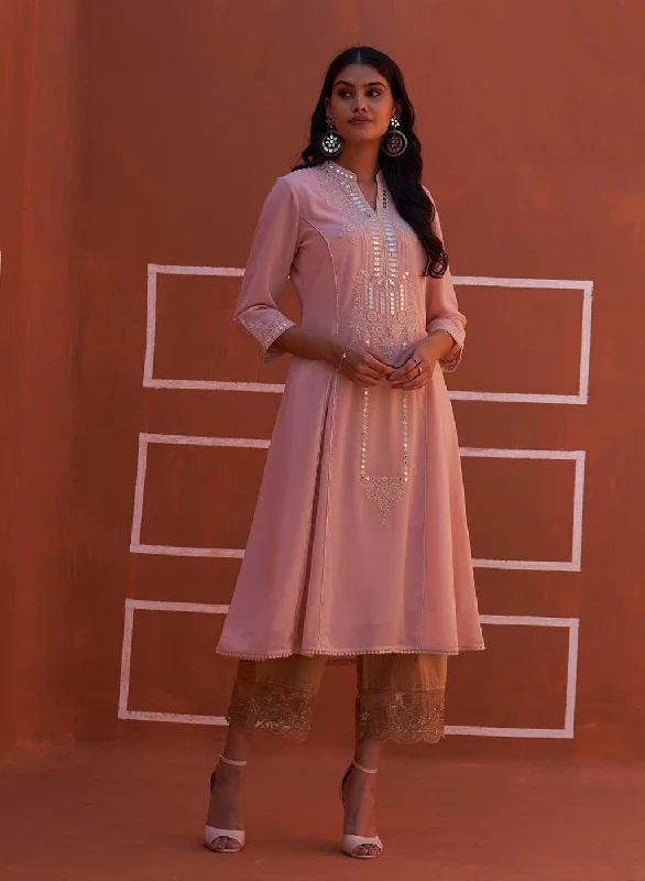 Pink Embroidered Flared Kurta