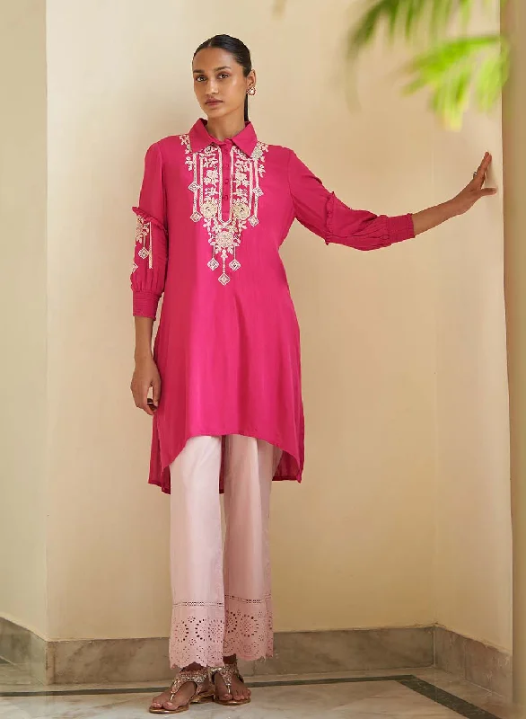 Pink Kurti with Embroidery and Gathered Cuff