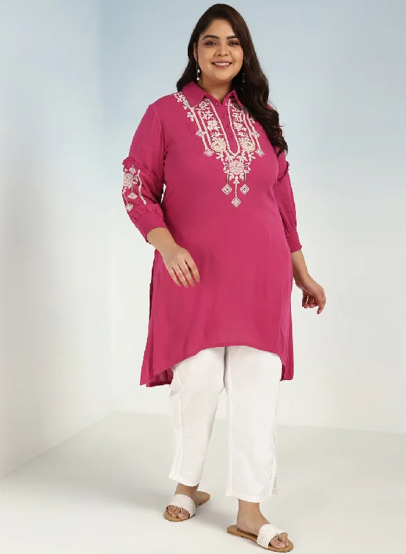 Pink Kurti with Embroidery and Gathered Cuff