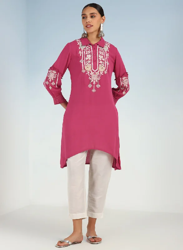 Pink Kurti with Embroidery and Gathered Cuff