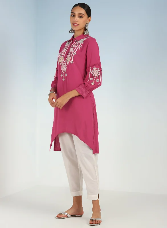 Pink Kurti with Embroidery and Gathered Cuff