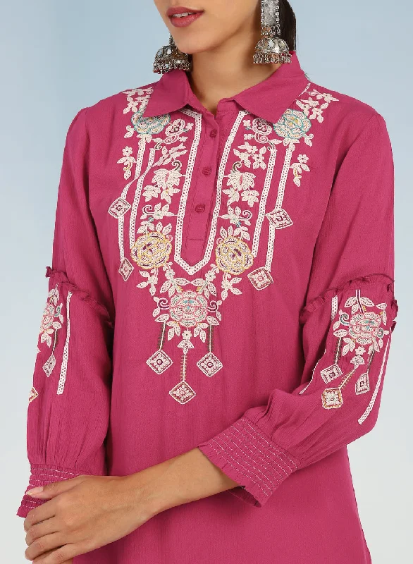 Pink Kurti with Embroidery and Gathered Cuff