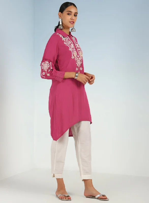 Pink Kurti with Embroidery and Gathered Cuff