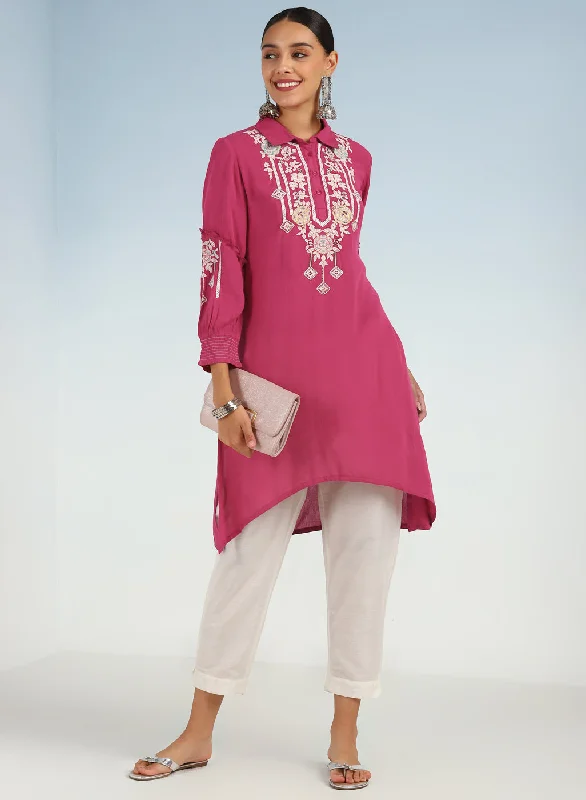 Pink Kurti with Embroidery and Gathered Cuff