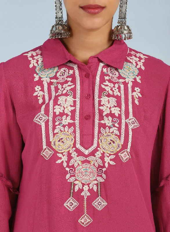 Pink Kurti with Embroidery and Gathered Cuff