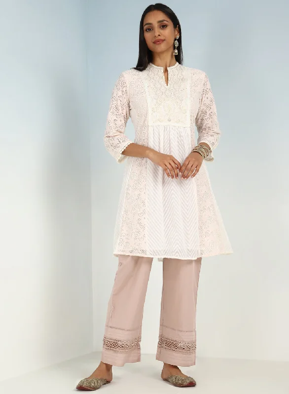 Pink schiffli A-Line Kurta with Yoke Sequins Work