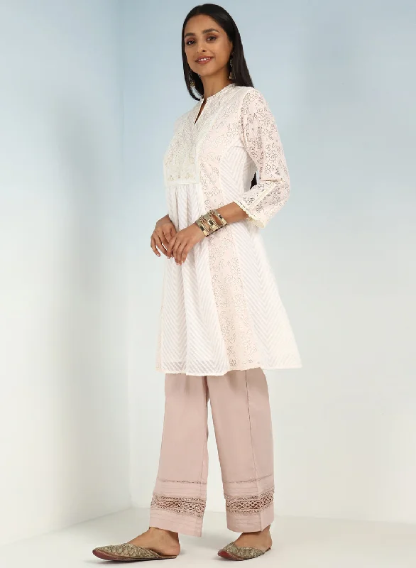 Pink schiffli A-Line Kurta with Yoke Sequins Work