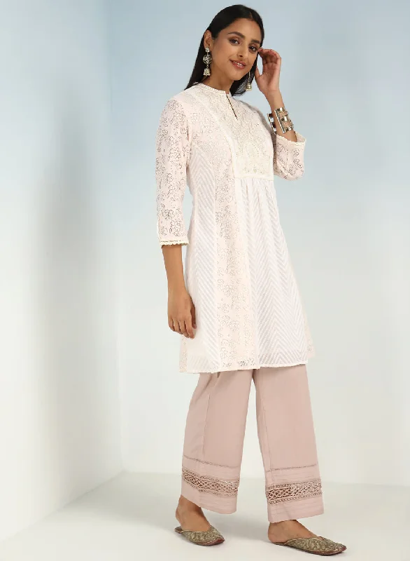 Pink schiffli A-Line Kurta with Yoke Sequins Work