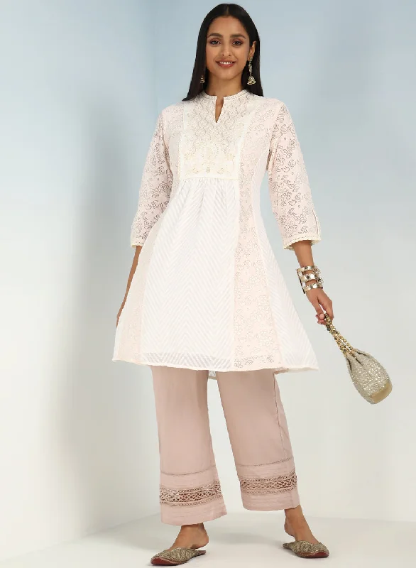 Pink schiffli A-Line Kurta with Yoke Sequins Work