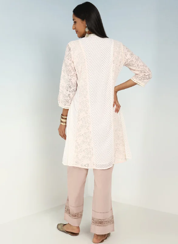 Pink schiffli A-Line Kurta with Yoke Sequins Work