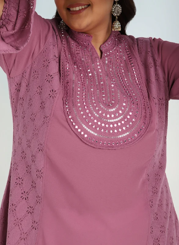 Pink Short Tunic with Mirror Work and Bell Sleeves