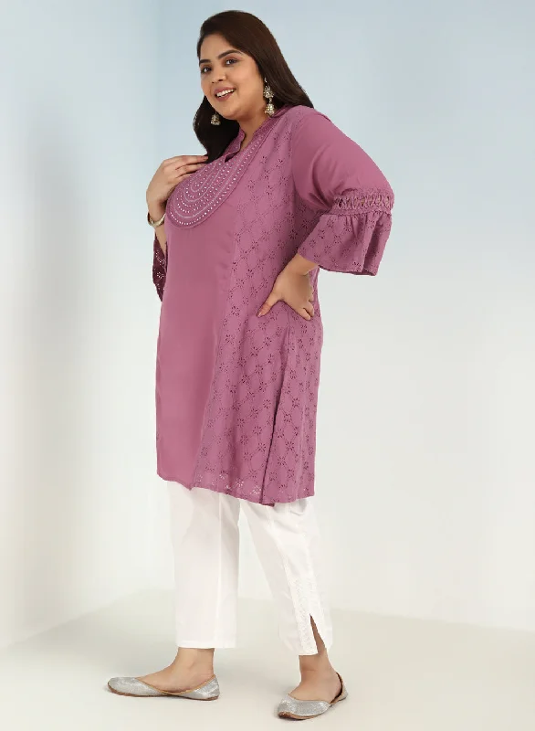 Pink Short Tunic with Mirror Work and Bell Sleeves