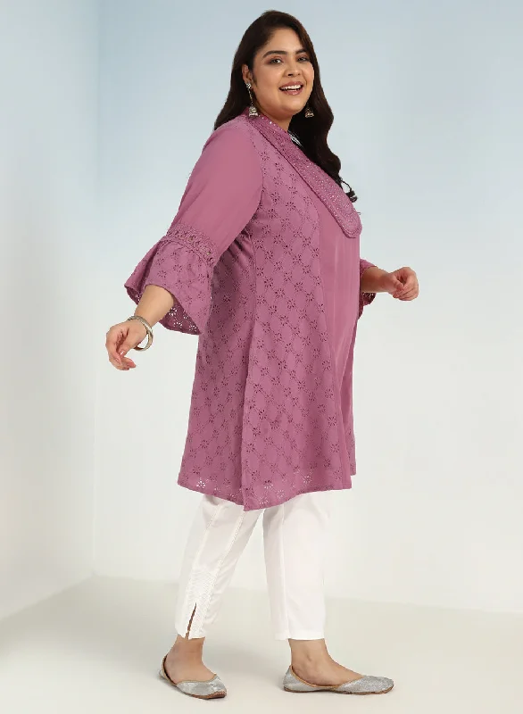 Pink Short Tunic with Mirror Work and Bell Sleeves