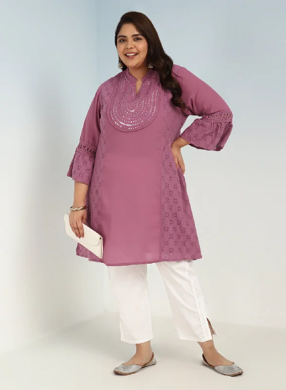 Pink Short Tunic with Mirror Work and Bell Sleeves