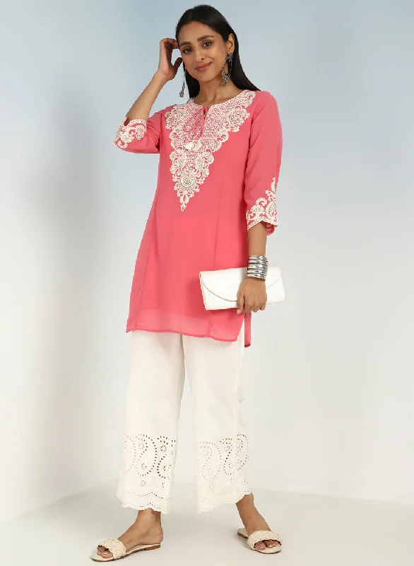 Pink Tunic with Dori Neck and Round Hem