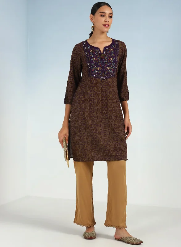 Purple Round Neck Straight Fit kurtI with Patch Work